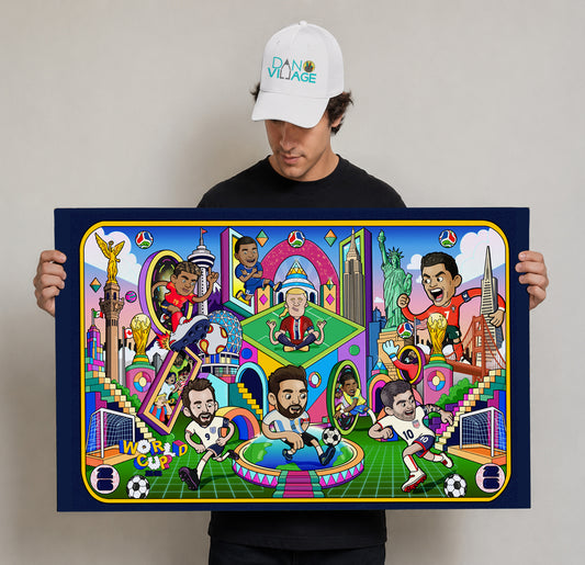Illustrated soccer legends art poster packed with football moments and landmarks