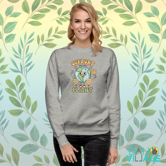 Illustrated Earth Day graphic sweatshirt featuring a happy smiling planet