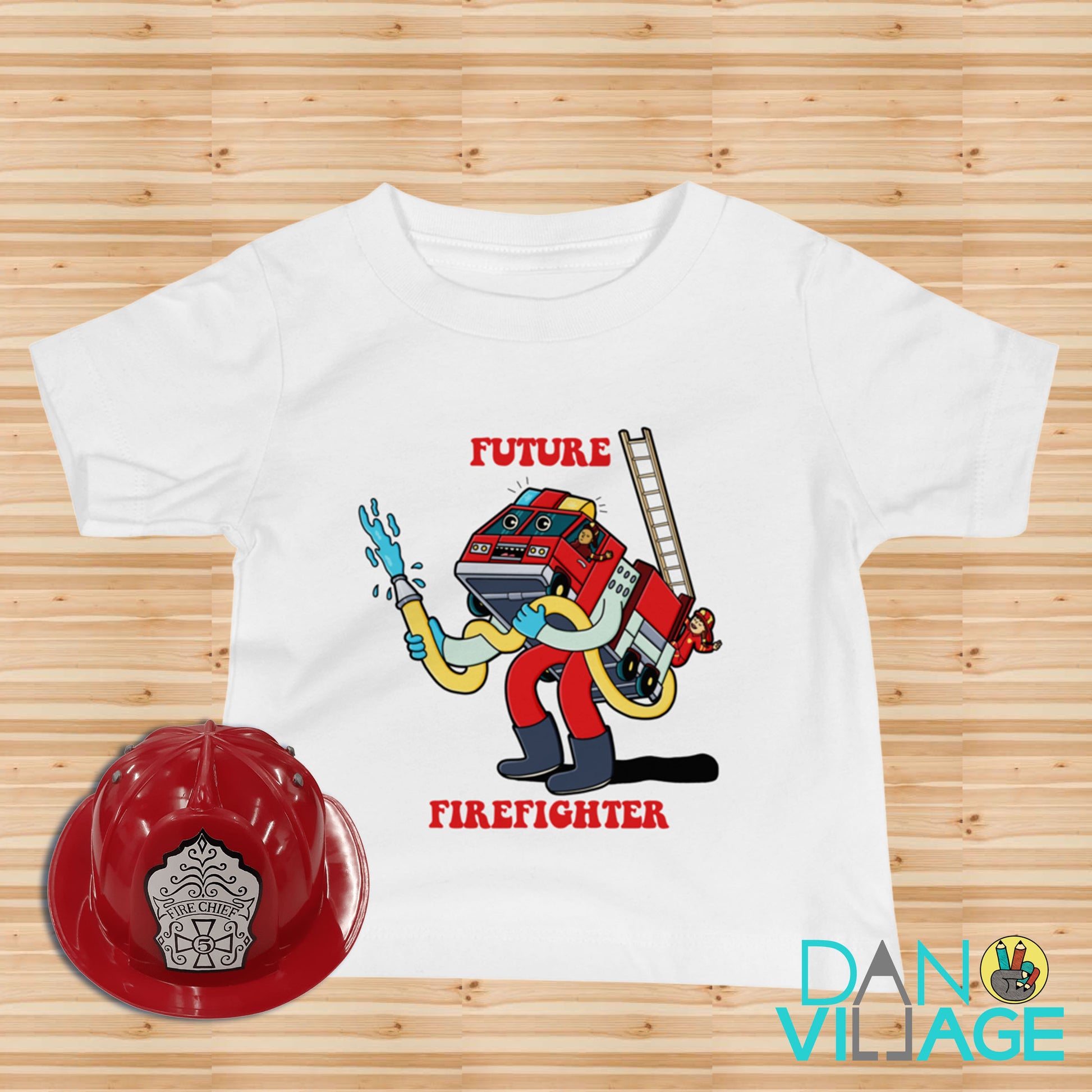 Future Firefighter kids t-shirt with a hand-drawn fire truck by illustrator Daniel Sulzberg