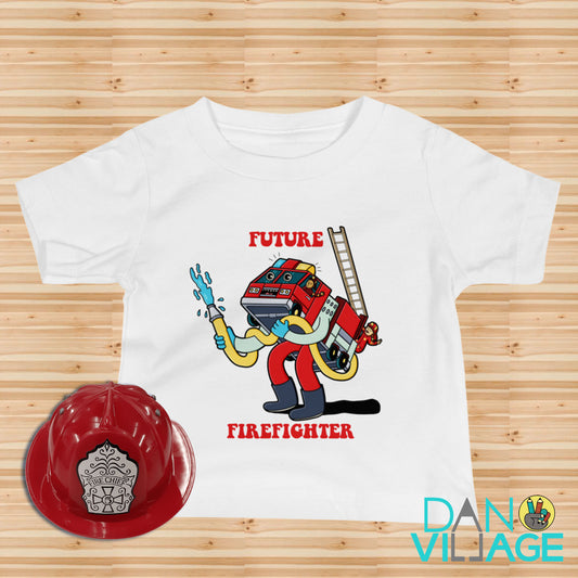 Future Firefighter kids t-shirt with a hand-drawn fire truck by illustrator Daniel Sulzberg