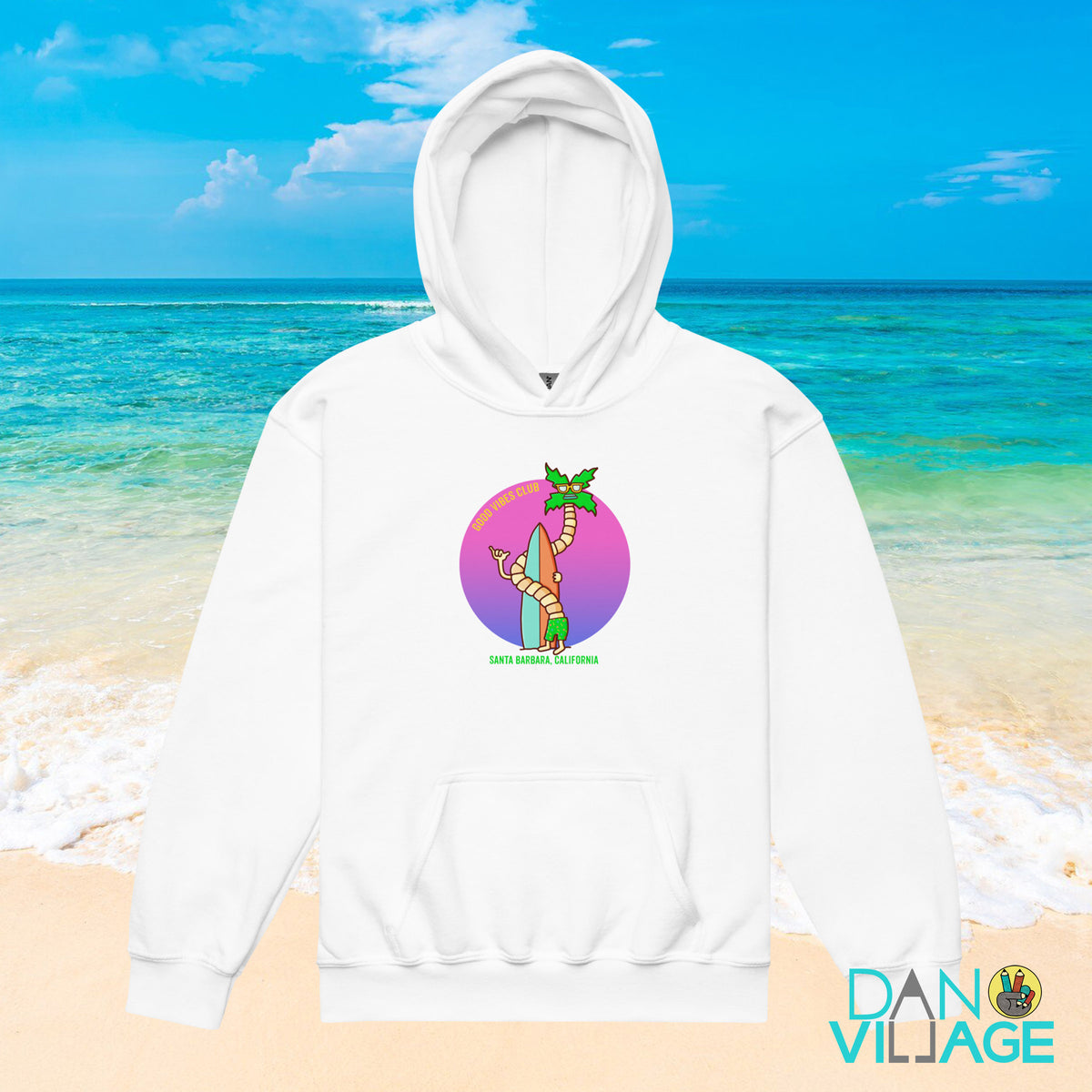 Good Vibes Club Santa Barbara youth hoodie with illustrated palms and surf