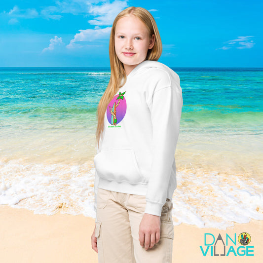 Illustrated California kids hoodie with palm trees and a surfer character