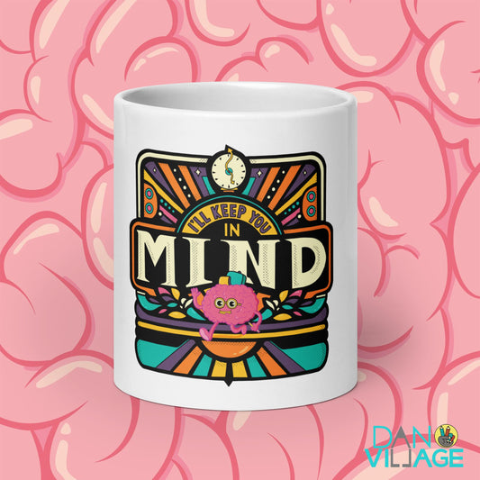 I'll Keep You In Mind freelancer mug with an illustrated brain and pencil