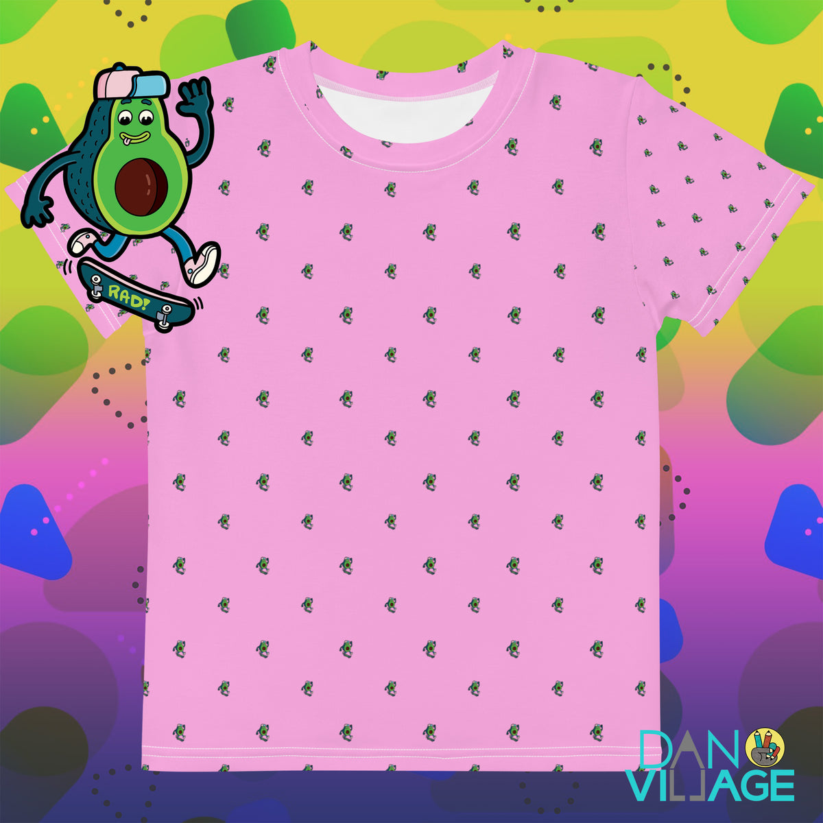 Skateboarding avocado pattern, printed on a skate graphic tee for kids