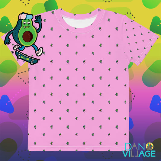 Skateboarding avocado pattern, printed on a skate graphic tee for kids