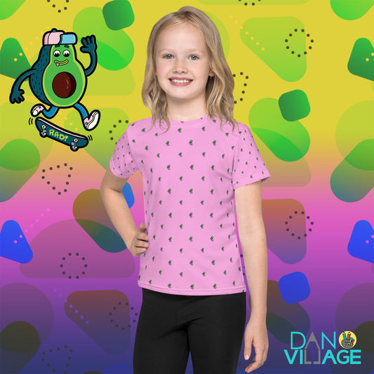Skate graphic tee for kids featuring a skateboarding avocado pattern by Santa Barbara illustrator Daniel Sulzberg