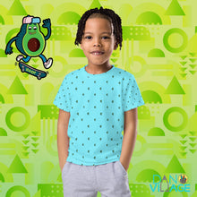 Load image into Gallery viewer, Blue Avocado Skateboarder pattern cool rad Cali Kids crew neck t-shirt