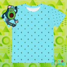 Load image into Gallery viewer, Blue Avocado Skateboarder pattern cool rad Cali Kids crew neck t-shirt