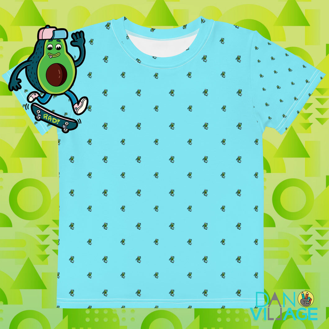 Blue Avocado Skateboarder pattern cool rad Cali Kids crew neck t-shirt