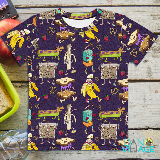 Brown bag lunch crew kids t-shirt with illustrated PB and J, string cheese and pretzels