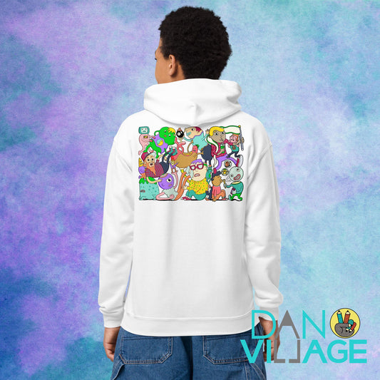 Chaos Inside youth hoodie with a head packed full of illustrated characters