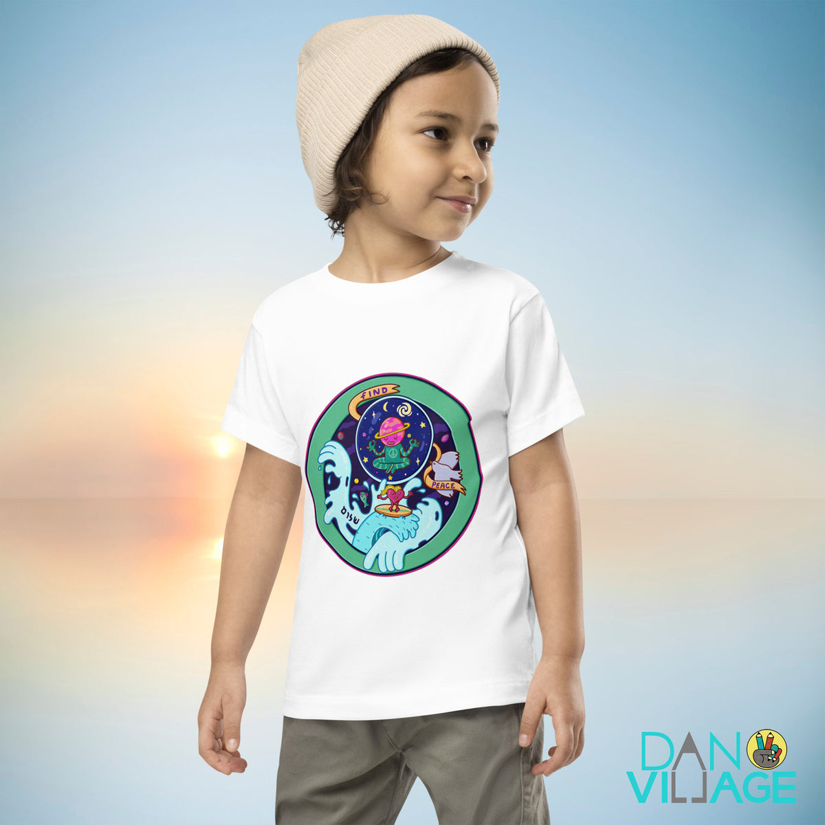 Illustrated mindfulness toddler tee with a calm Find Peace message for little kids