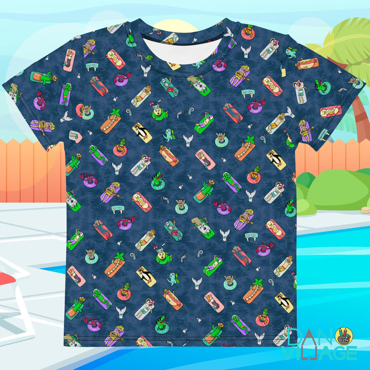Just Chill pool floaties kids t-shirt with a bright illustrated summer pattern