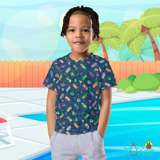 Illustrated pool floatie pattern kids tee for summer swim days by Daniel Sulzberg