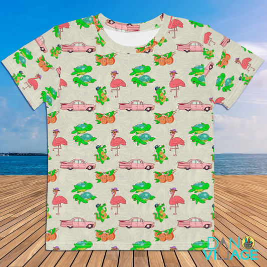 Florida Vacation kids t-shirt with an all-over flamingo and alligator pattern