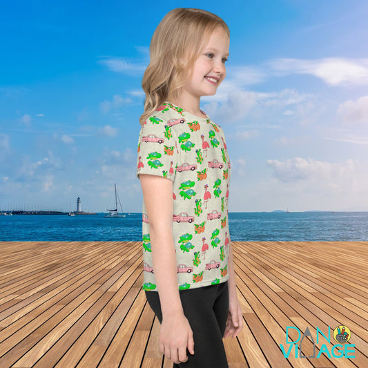 Illustrated Florida pattern tee with flamingos, oranges and sea turtles for kids