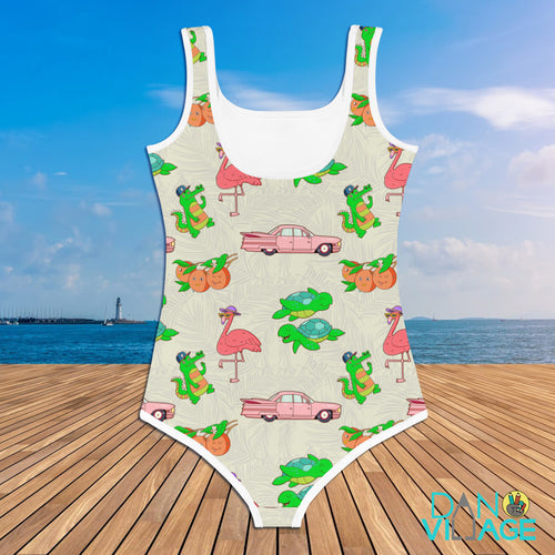 Florida Vacation Cute Flamingos Cadillacs Alligators Sea Turtles Oranges Patterned All-Over Print Kids Swimsuit