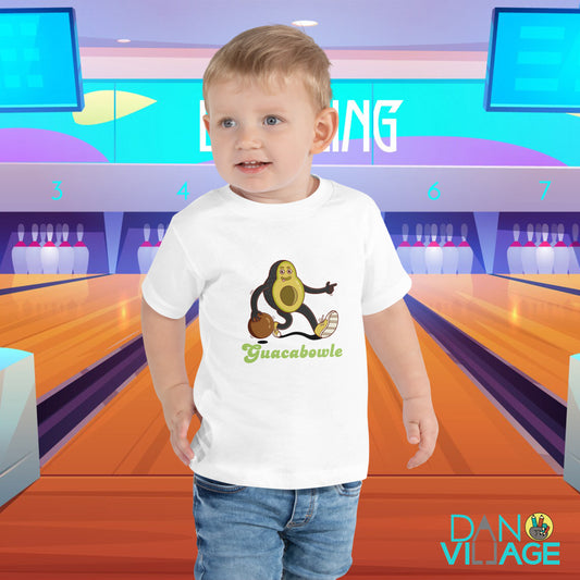 Funny illustrated avocado bowling tee for toddlers who love telling the same joke