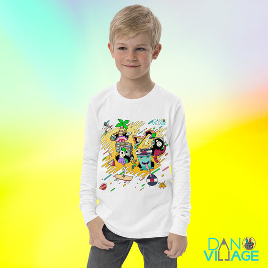 Illustrated hip hop long sleeve kids shirt featuring turntables and a skeleton crew