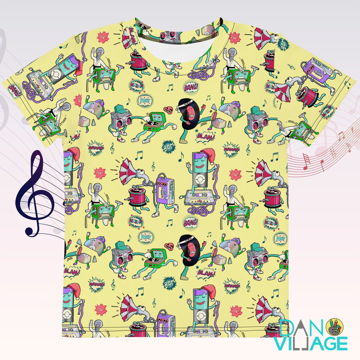 Media Battle kids t-shirt with illustrated vinyl records, CDs, boomboxes and walkmans