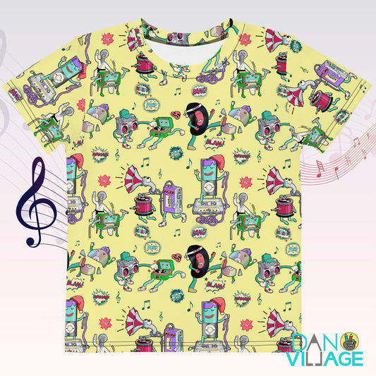 Media Battle kids t-shirt with illustrated vinyl records, CDs, boomboxes and walkmans