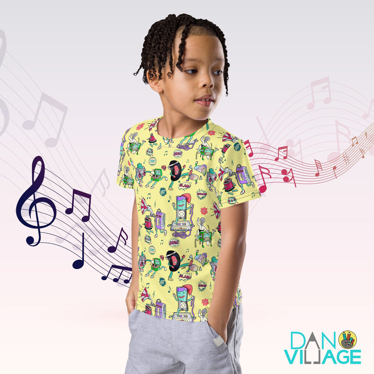 Illustrated music format characters kids tee, a record lover gift by Daniel Sulzberg