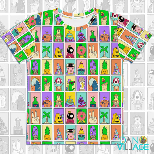 Danvillage yearbook photos kids t-shirt with rows of funny illustrated character portraits
