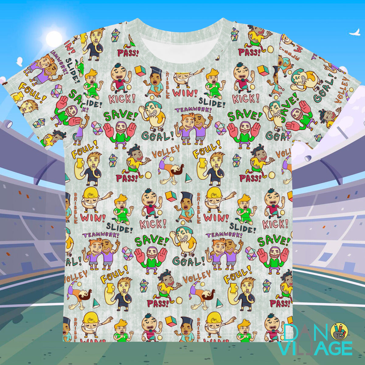 All-over soccer players pattern kids t-shirt, hand-drawn football art by Daniel Sulzberg
