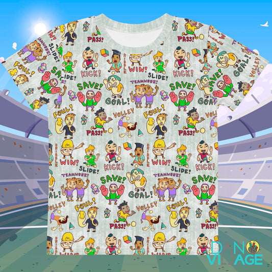 All-over soccer players pattern kids t-shirt, hand-drawn football art by Daniel Sulzberg
