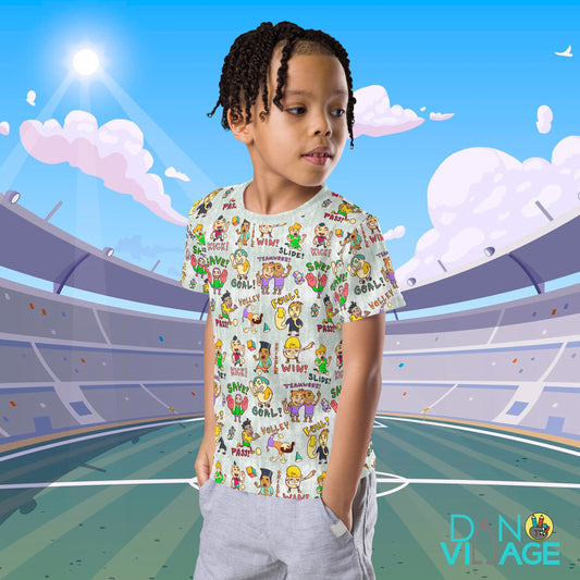 Illustrated kids soccer tee covered in hand-drawn players mid-match, for young football fans