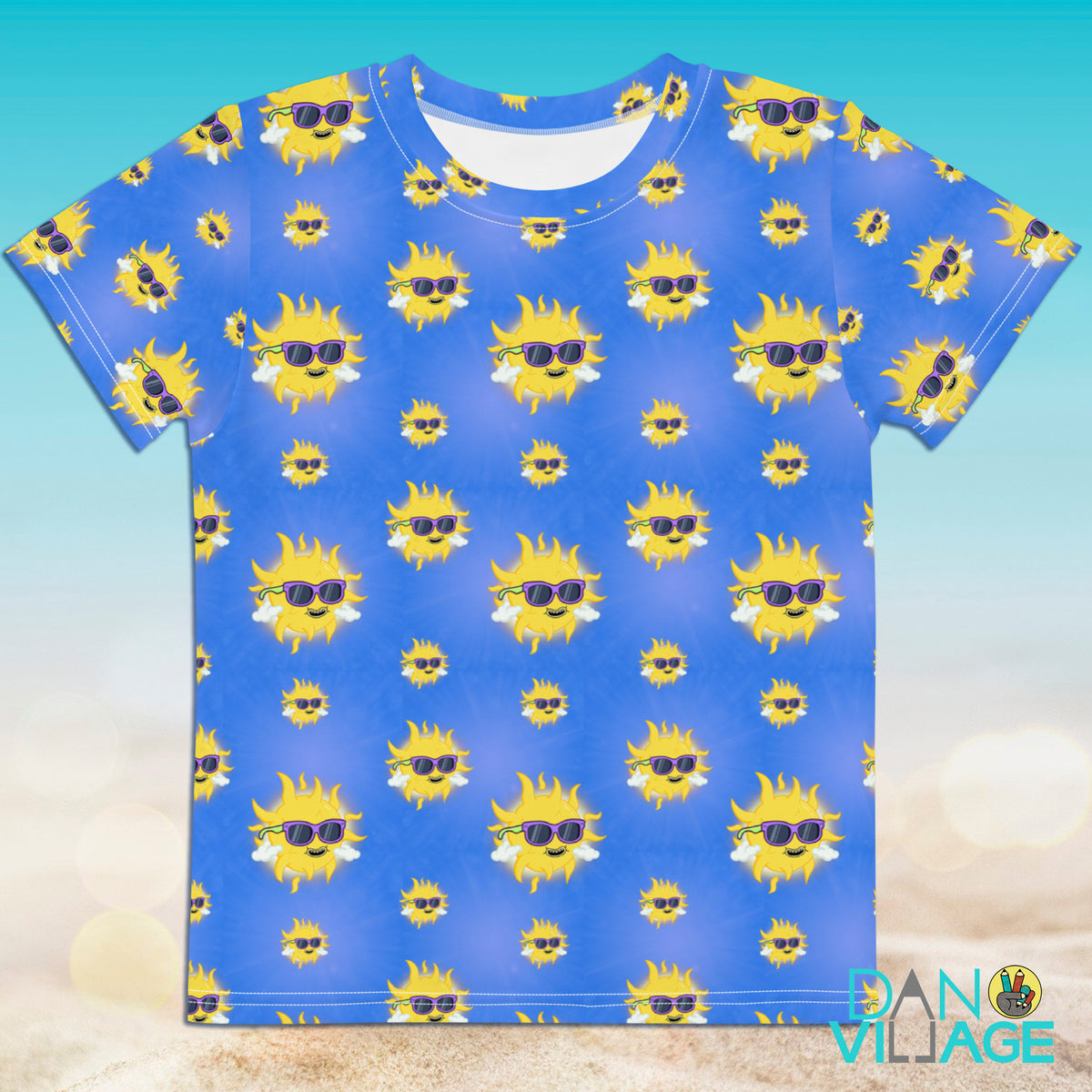 Smiling Suns kids t-shirt with an all-over illustrated sun pattern by Daniel Sulzberg