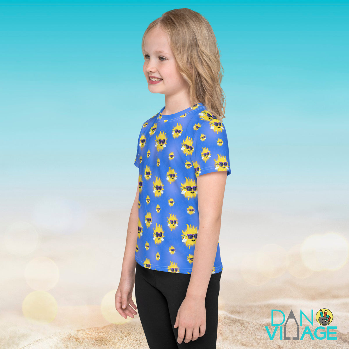 Illustrated happy sun pattern kids tee for summer, beach days and camp