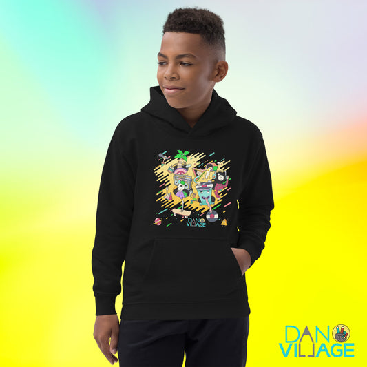 Illustrated graphic hoodie for kids featuring vinyl, beats and a skeleton crew