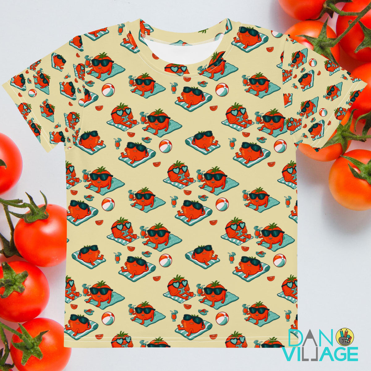 Summer Tomato kids t-shirt with bright illustrated tomatoes by Daniel Sulzberg