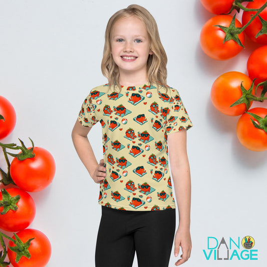 Illustrated tomato kids tee for farmers market families and little foodies