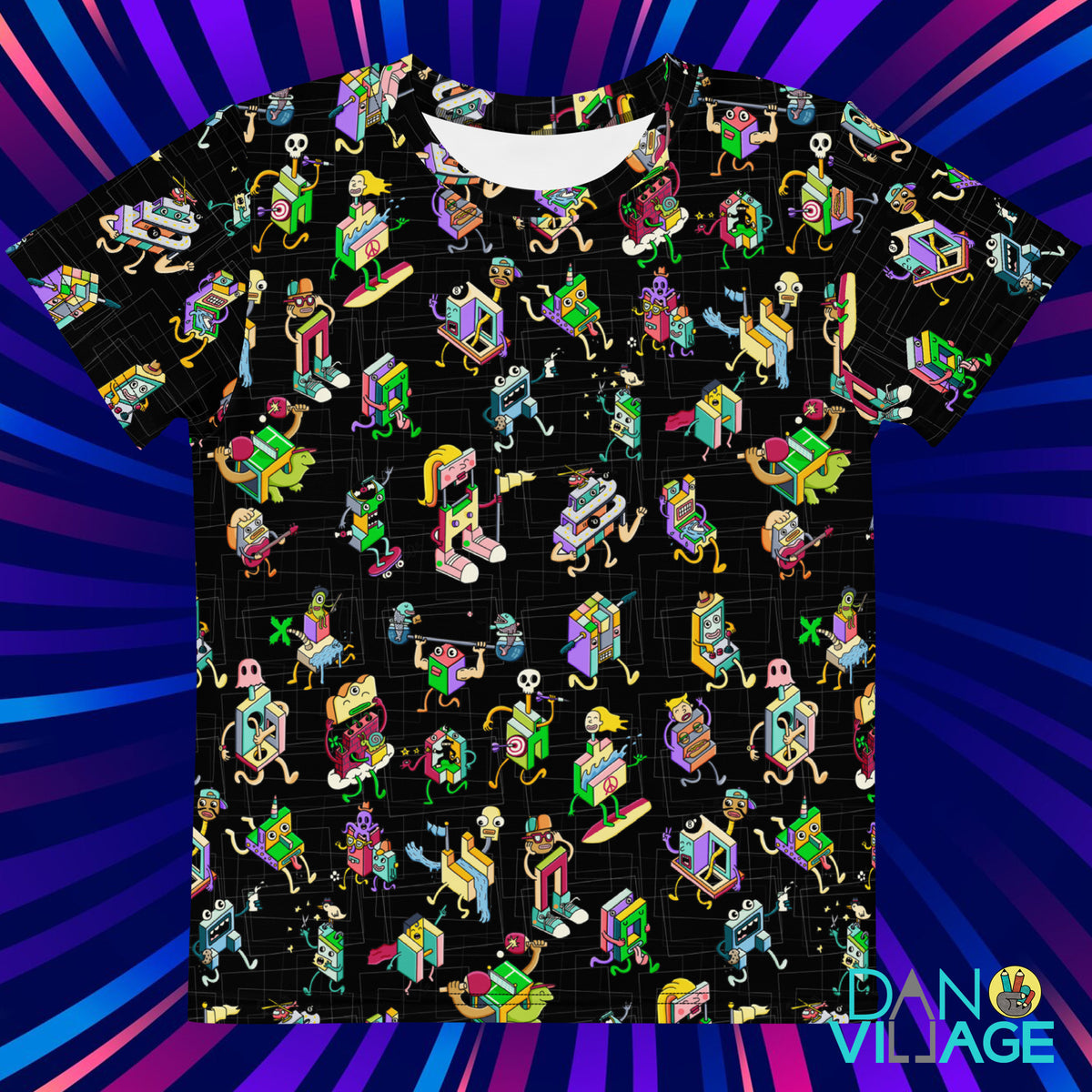 All-over Danvillage characters pattern kids t-shirt by illustrator Daniel Sulzberg