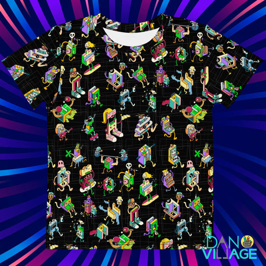 All-over Danvillage characters pattern kids t-shirt by illustrator Daniel Sulzberg
