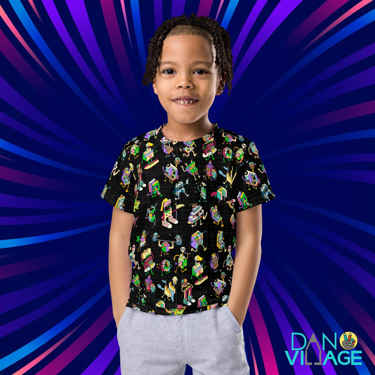 Illustrated wacky character kids tee packed with original creatures all talking at once