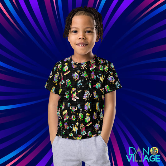 Illustrated wacky character kids tee packed with original creatures all talking at once