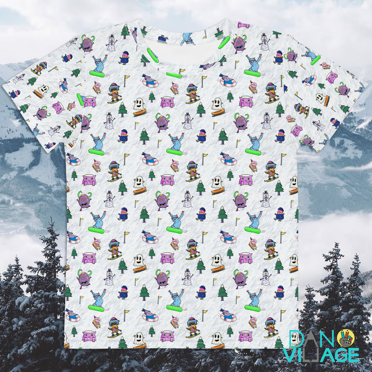 Ski and snowboard monsters pattern, printed on a winter sports kids tee