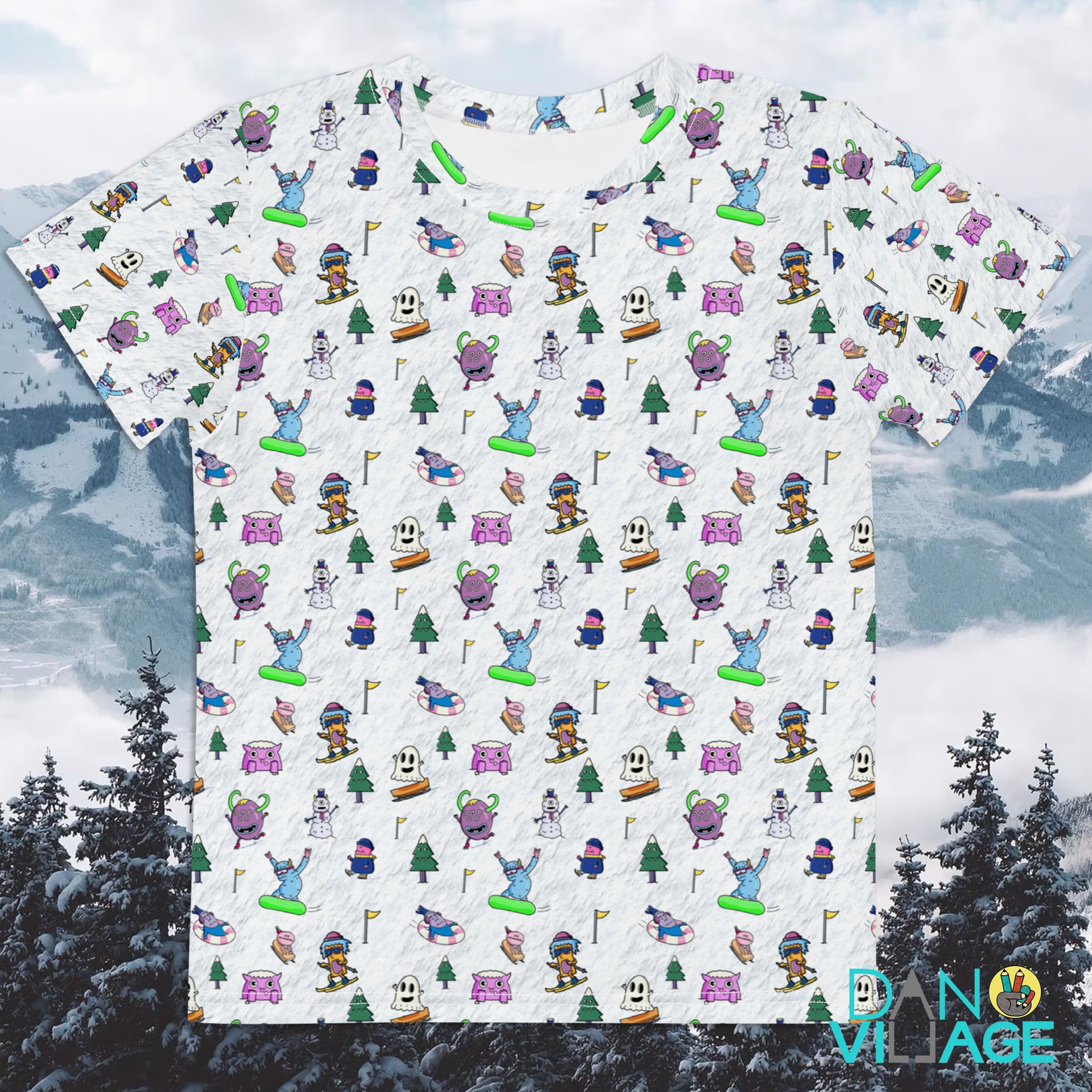Ski and snowboard monsters pattern, printed on a winter sports kids tee