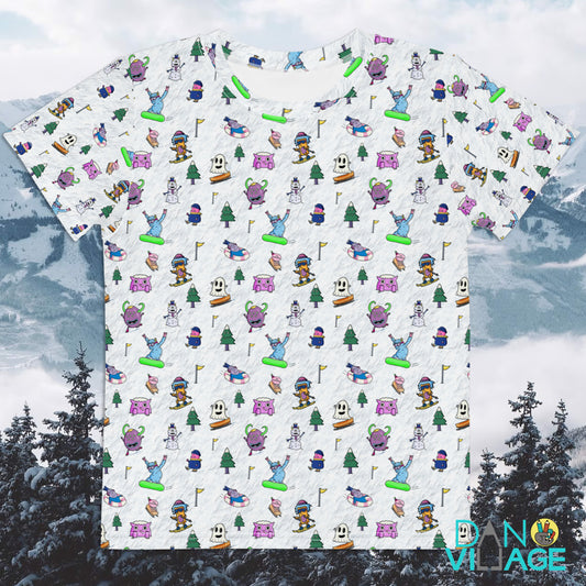 Ski and snowboard monsters pattern, printed on a winter sports kids tee