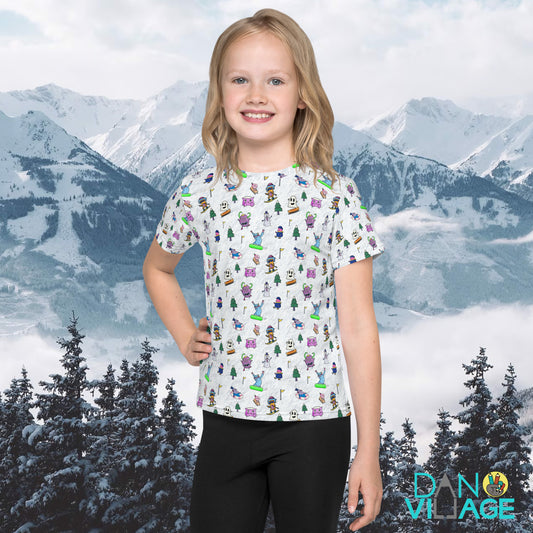 Kids t-shirt with a ski and snowboard monsters pattern, made for young skiers and riders by Danvillage Art Lab