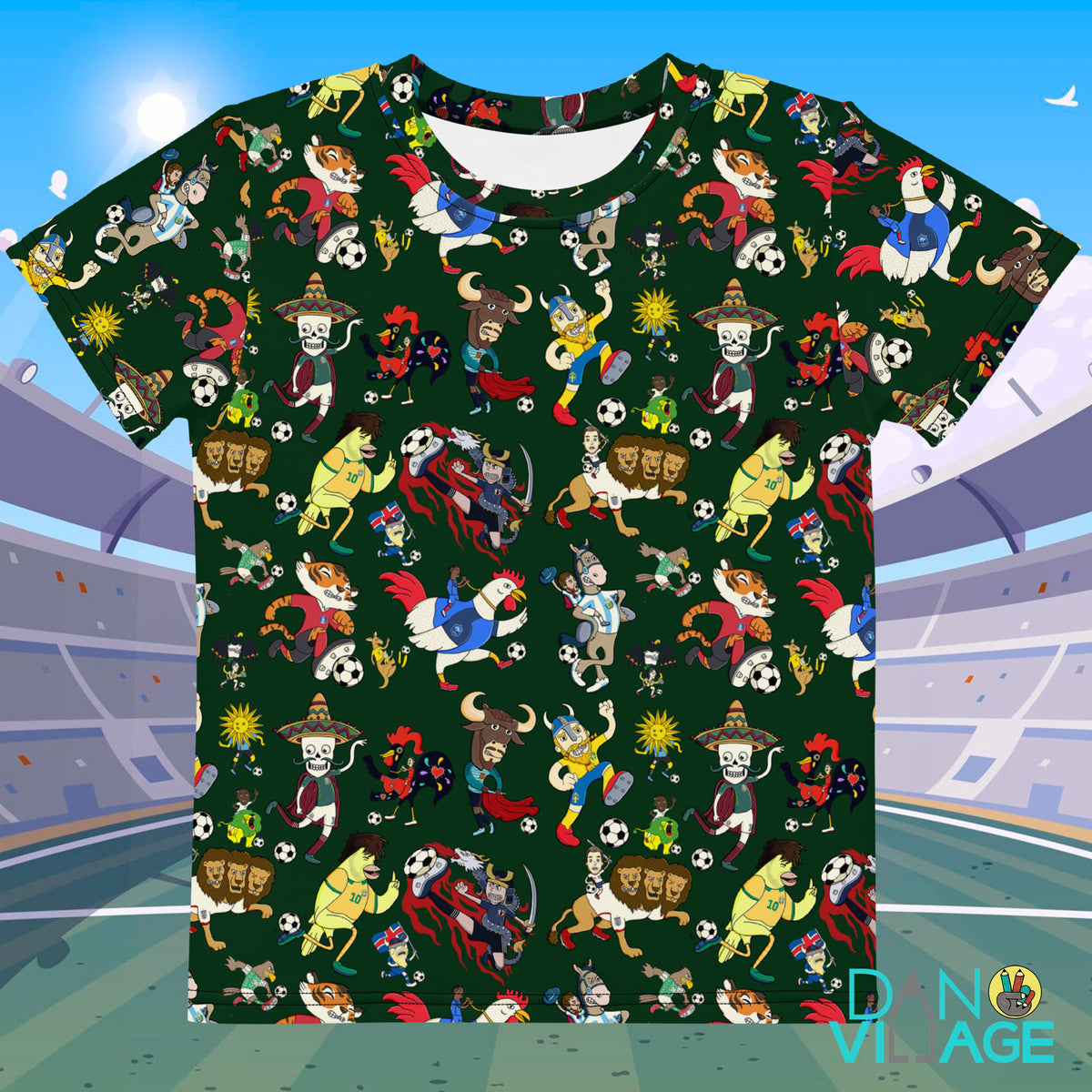 Soccer mascots kids t-shirt with an all-over illustrated pattern of team characters