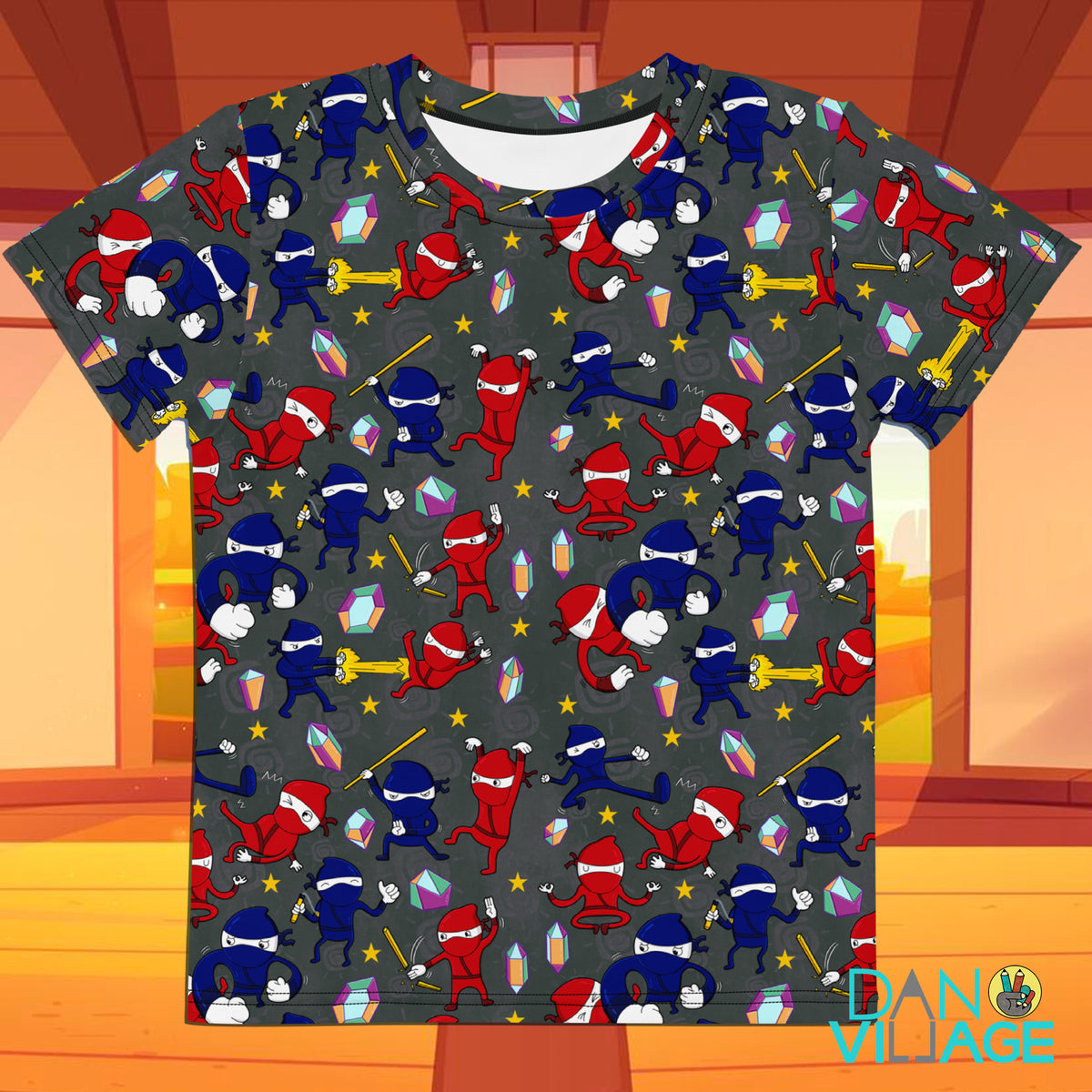 Ninja battle kids t-shirt with illustrated ninjas and crystals by Daniel Sulzberg