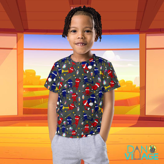 Illustrated martial arts kids tee packed with a full hand-drawn ninja battle royale