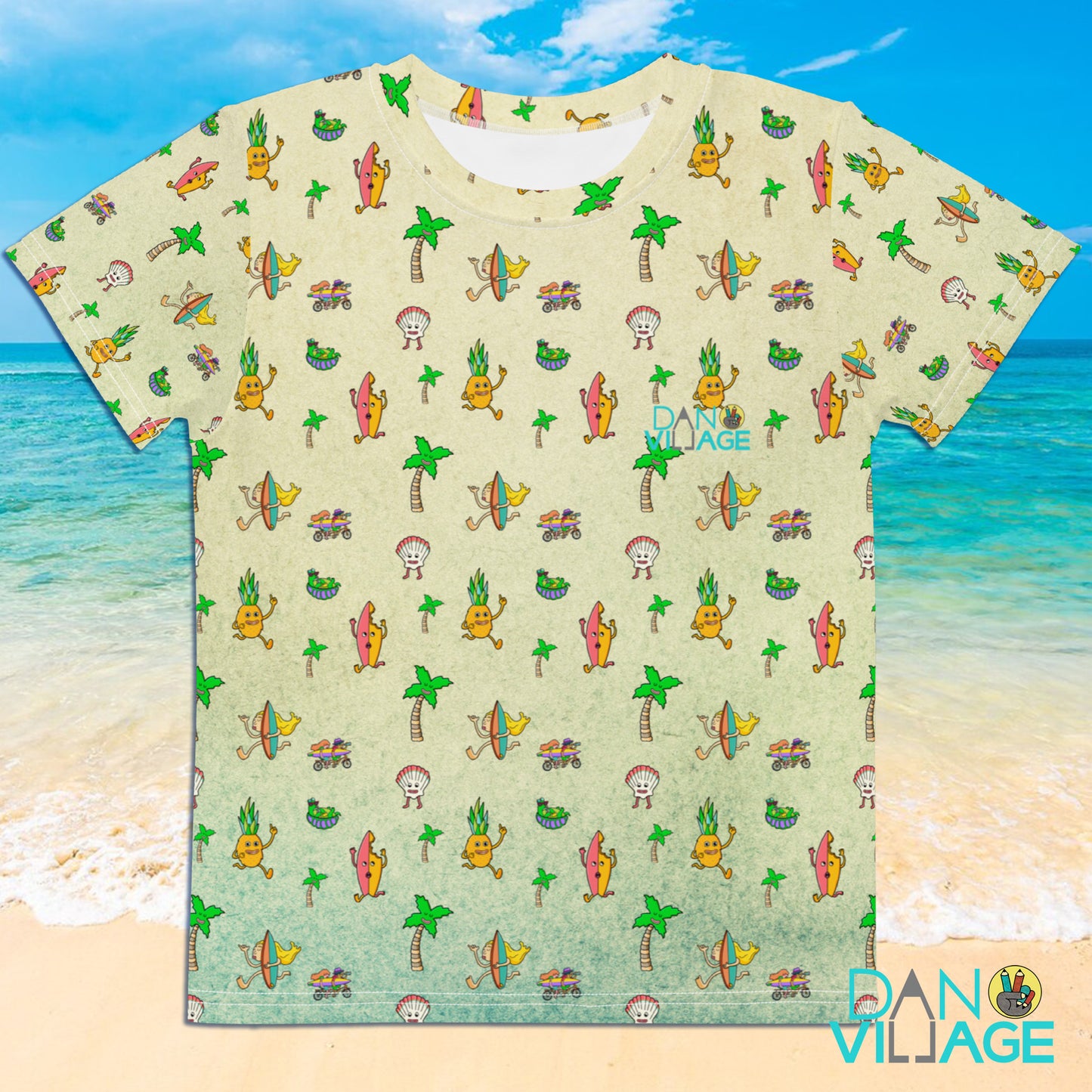 Whimsical Beach Life kids t-shirt with an all-over illustrated beach pattern