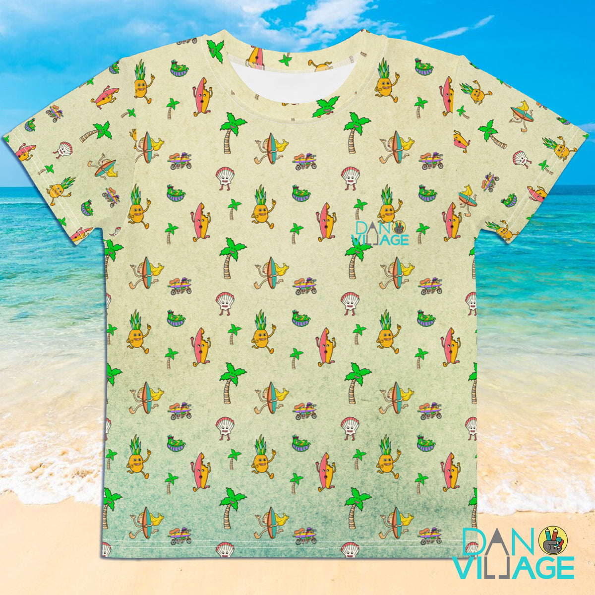 Whimsical Beach Life kids t-shirt with an all-over illustrated beach pattern
