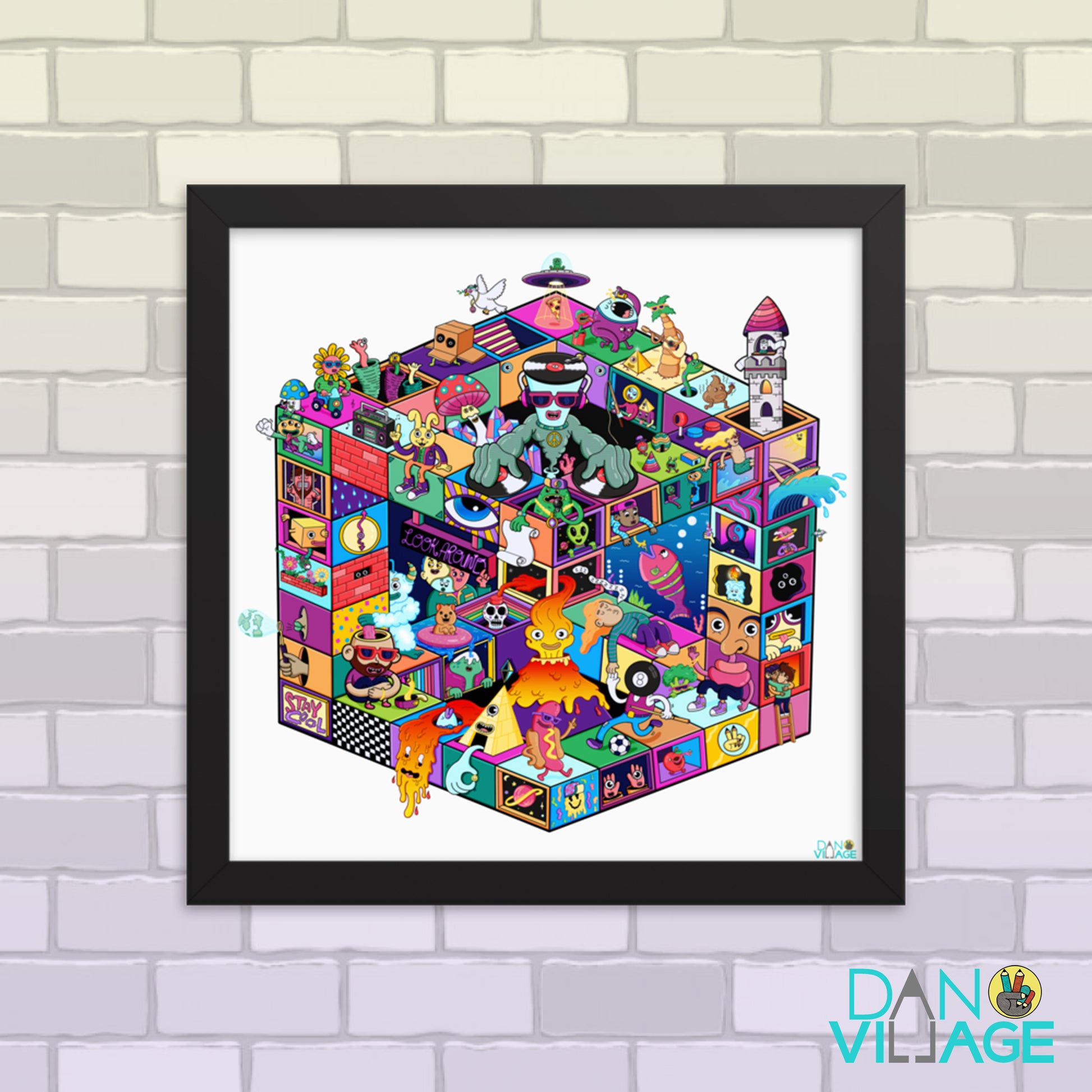 Look Around framed art print, a dense colourful surreal world by Daniel Sulzberg