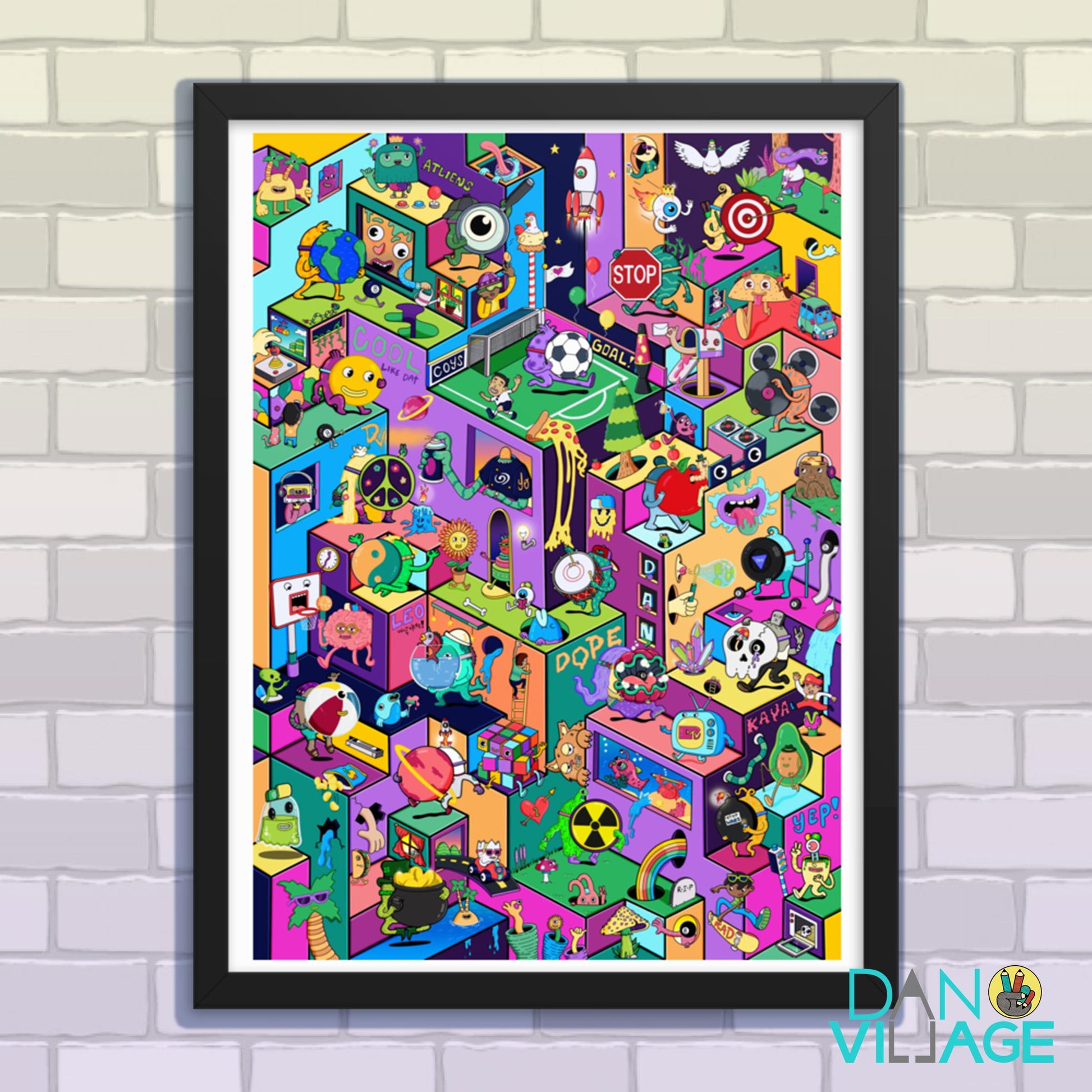 Joyful World isometric framed art print, a colourful character-packed city by Daniel Sulzberg
